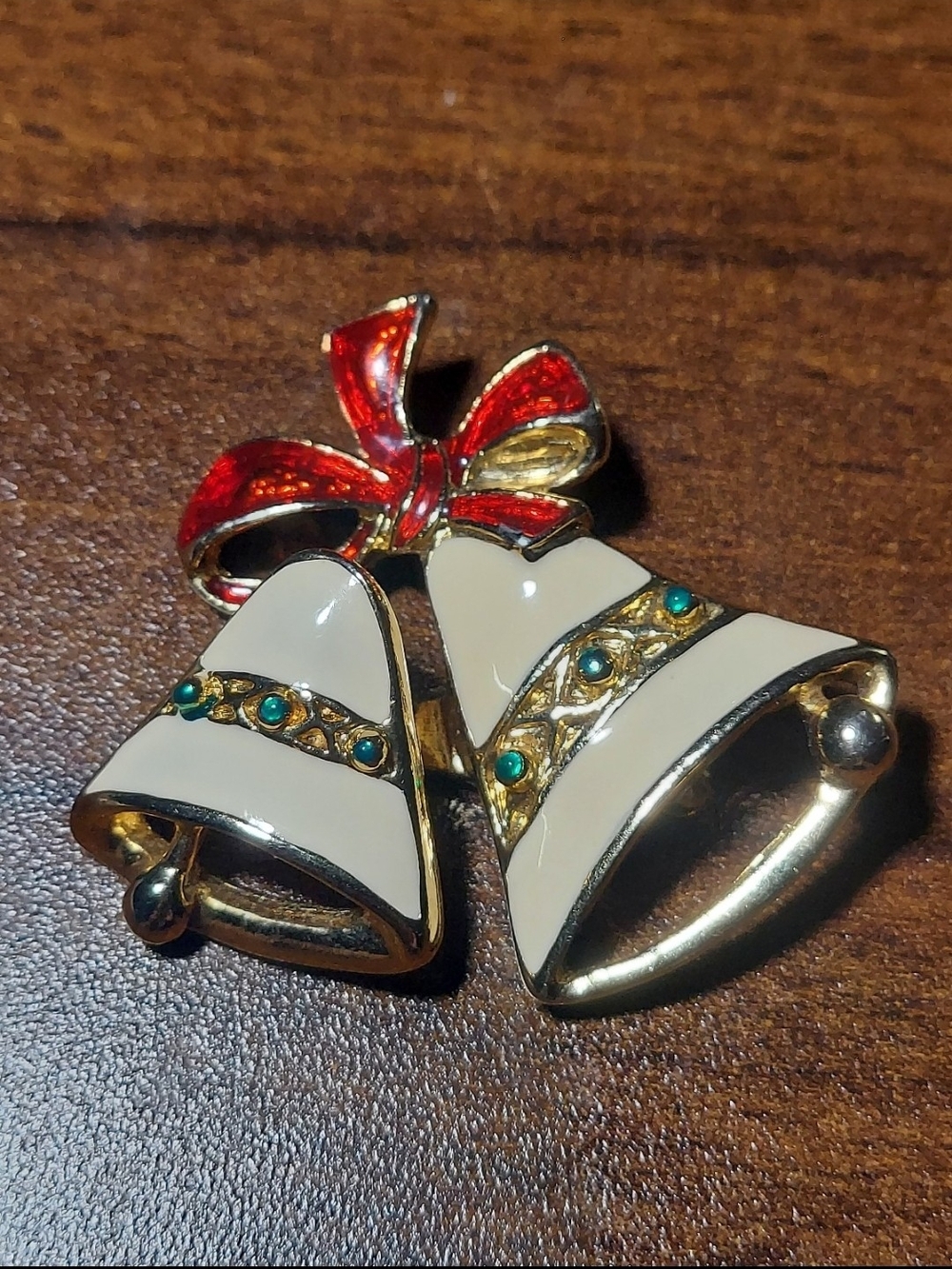 Vintage Enamel Christmas Motion Brooch Moving Bells Holiday Pin Gold-Tone